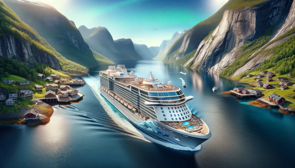 DALL·E 2024 06 05 15.09.39 A luxurious cruise ship sailing through the stunning Norwegian fjords at night. The scene includes dramatic cliffs serene blue waters reflecting the